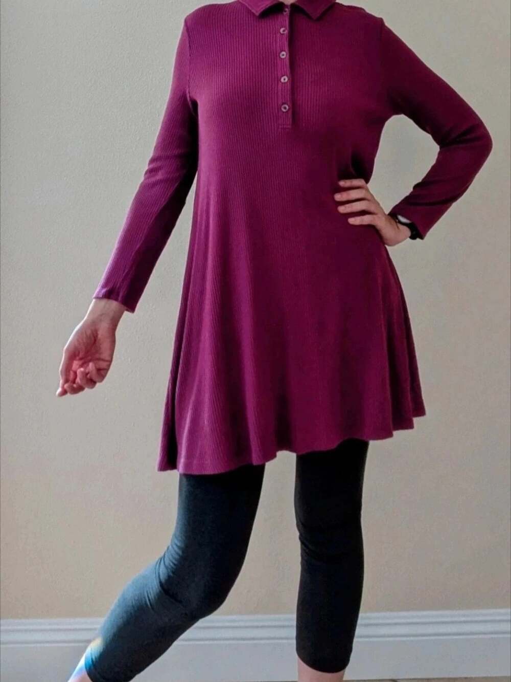 Ribbed Long-Sleeve Polo Tunic in Plum